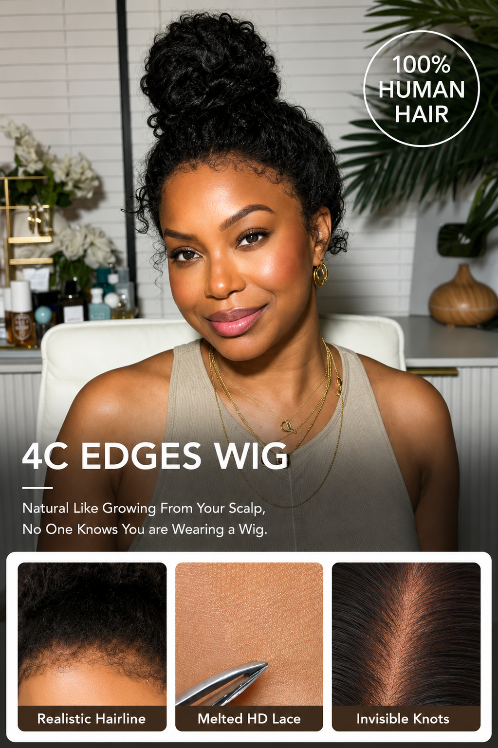 4C Curly Edges Hairline Glueless Curly Lace Front Human Hair Wig With Super Natural Hairline 220% Density