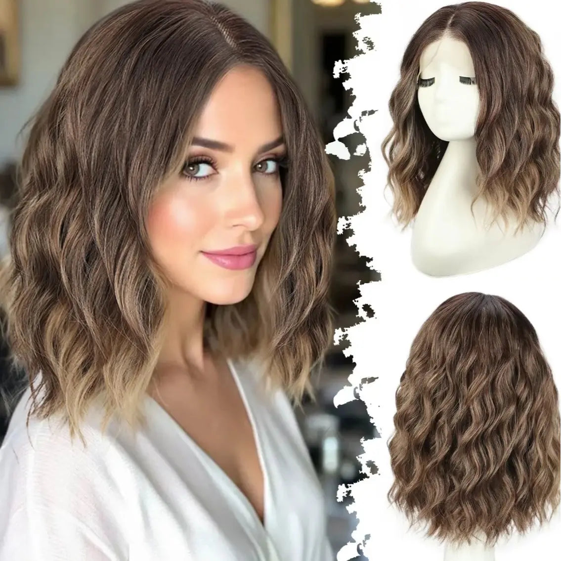✨ Balayage Blonde Wavy Bob Wig With Bangs – 5.5x5.5 Lace Closure ✨