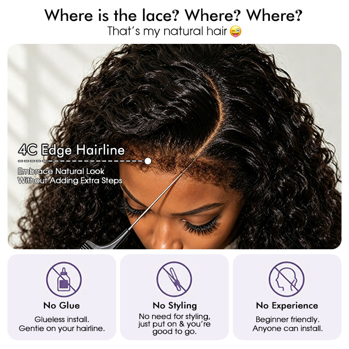 4C Curly Edges Hairline Glueless Curly Lace Front Human Hair Wig With Super Natural Hairline 220% Density